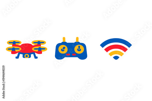 This illustration displays three colorful flat icons including a quadcopter drone, a remote controller, and a Wi-Fi signal icon, isolated on a dark black background for contrast.