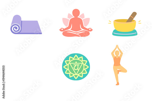 A collection of five colorful yoga and meditation icons including a purple mat, a person in lotus pose, a singing bowl, a green chakra symbol, and a person in tree pose.