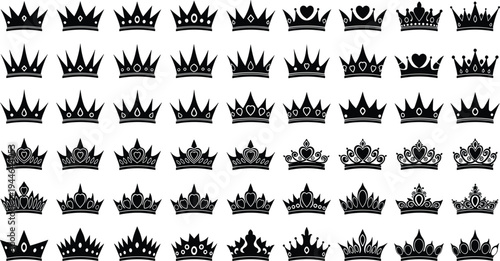 Set of black crown silhouettes and royal tiara vector icons for queen princess jewelry design luxury heraldic symbols isolated on white background collection