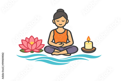 A stylized illustration of a woman practicing yoga and meditation in a seated position, accompanied by a pink lotus flower, a burning candle, and blue water waves.