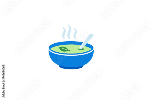A flat illustration of a steaming blue bowl filled with green soup and a single leaf garnish. A white spoon rests inside the bowl against a solid black background.