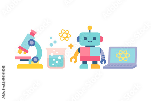 A colorful flat illustration featuring a microscope, a beaker, a cute robot, and a laptop, representing science, technology, engineering, and mathematics concepts on a black background.