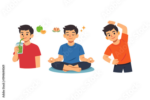 A cartoon illustration featuring a young man practicing a healthy lifestyle through three activities: drinking a green smoothie, meditating in a lotus pose, and performing side stretches.