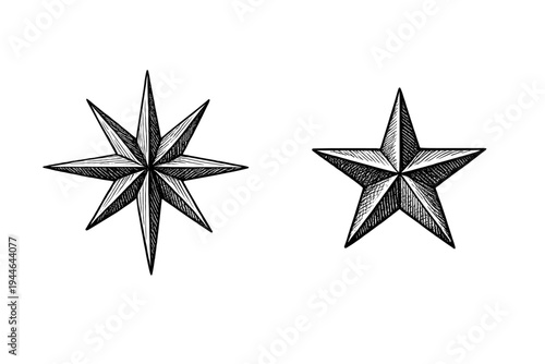 Two hand-drawn white stars with detailed cross-hatching shading are displayed against a solid black background. One star has eight points while the other has five points in a vintage style.