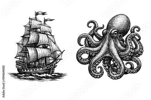 A detailed black and white engraving featuring a vintage sailing ship on the left and a large octopus on the right, both set against a solid black background in a classic nautical style.