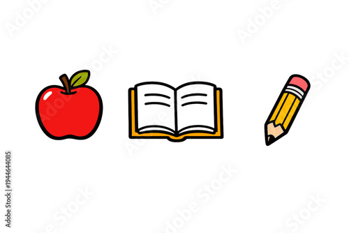 A flat illustration featuring a red apple, an open book with yellow covers, and a yellow pencil with a pink eraser, all arranged horizontally against a solid black background.