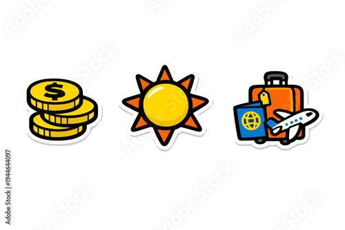 Three colorful cartoon stickers featuring a stack of gold dollar coins, a bright yellow sun, and travel essentials like a suitcase, passport, and airplane on a black background.