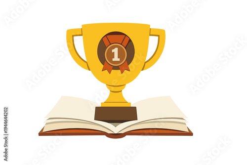 A golden trophy cup featuring a number one medal rests on an open book. This flat illustration symbolizes academic excellence, winning, and the rewards of learning and study.