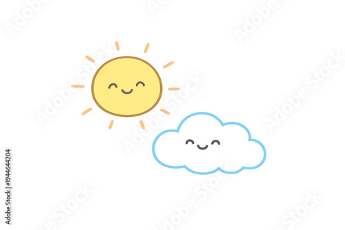 This minimalist illustration features a cheerful yellow sun and a smiling dark cloud with rosy cheeks on a black background. Both characters have simple, cute facial expressions.