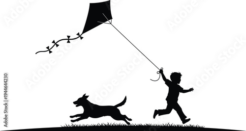 Child running with kite, dog silhouette, outdoor play illustration, joyful companionship art, black white design, playful childhood moment artwork