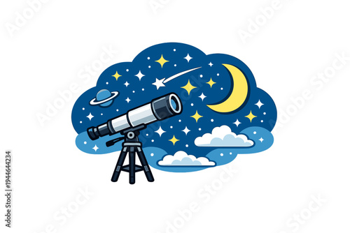 This flat vector illustration features a telescope on a tripod aimed at a night sky filled with stars, a crescent moon, a shooting star, and a ringed planet within a cloud frame.
