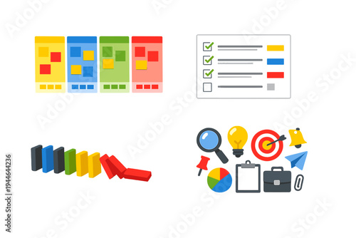 A collection of business and productivity icons featuring a checklist, colorful sticky note boards, falling dominoes, and various office tools on a black background.
