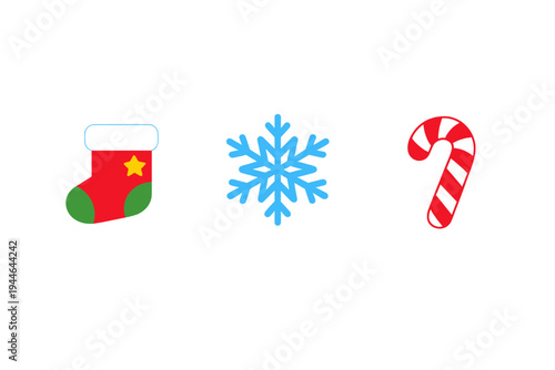 Three colorful Christmas icons including a red stocking with a yellow star, a blue snowflake, and a red and black striped candy cane are arranged horizontally on a black background.