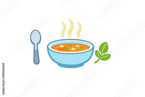 A cartoon illustration of a steaming bowl of hot vegetable soup with a spoon and a green leaf sprig on a black background. The soup contains peas and carrots in a blue bowl.