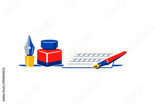 A minimalist illustration of writing tools including a fountain pen, a red inkwell, and a sheet of paper with lines, set against a solid black background in a flat graphic style.