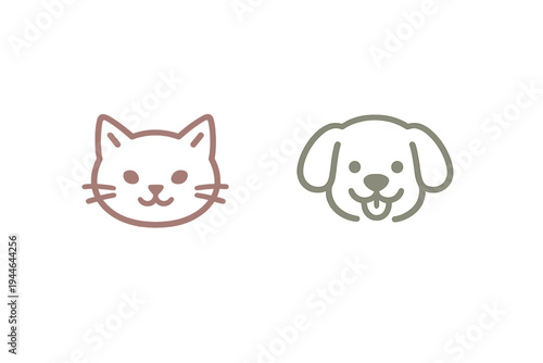 Simple line art illustrations of a cat and a dog face side by side on a dark background. The icons feature minimalist outlines in muted pink and green tones for pet themes.