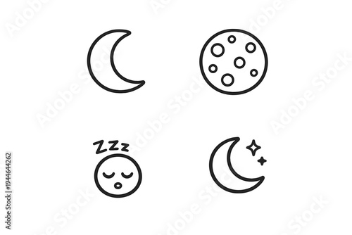 A collection of four minimalist line icons featuring a crescent moon, a full moon with craters, a sleeping face with zzz symbols, and a moon with stars on a black background.