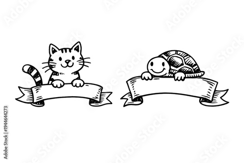A black and white illustration featuring a cute cat and a turtle, each holding a blank banner for text. The artwork is presented in a high-contrast woodcut style on a black background.