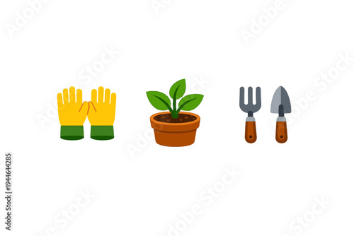 A set of gardening icons featuring yellow gloves, a small green plant in a terracotta pot, and hand tools including a fork and trowel, all isolated on a black background.