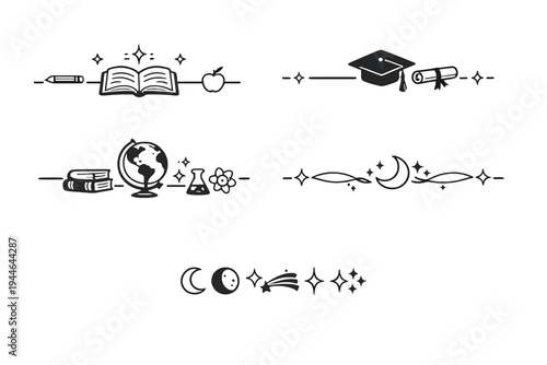 A collection of five black and white decorative dividers featuring educational icons like books, globes, and graduation caps, alongside celestial elements like moons and stars.