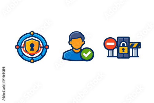 A set of three security icons featuring a shield with a keyhole in a target, a user profile with a green checkmark, and a locked barrier with a no entry sign on a black background.