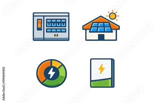 This illustration features four icons for renewable energy: a house with solar panels, a circuit breaker box, a circular power gauge, and a battery storage unit with a lightning bolt.