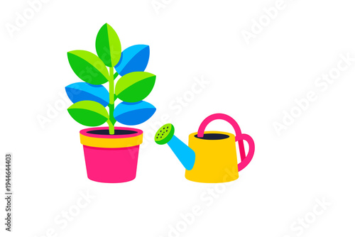A colorful illustration of a potted plant with green and blue leaves next to a yellow watering can with a pink handle, both presented as stickers on a black background.