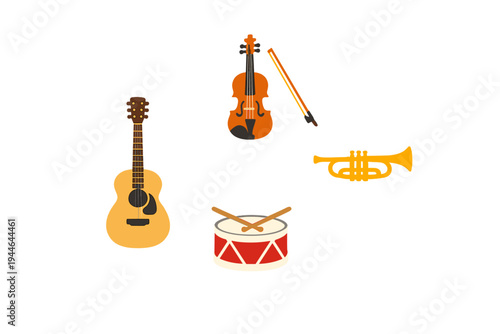 A collection of four musical instruments including an acoustic guitar, a violin with a bow, a trumpet, and a drum with sticks, arranged in a circular layout on a black background.