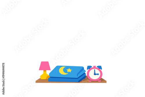 This flat vector illustration shows a bedside table with a pink lamp, a folded blue blanket decorated with a moon and star, and a pink alarm clock on a dark background.