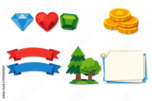 A collection of colorful game assets including gems, gold coins, red and blue banners, stylized trees, and a blank paper user interface panel isolated on a black background.