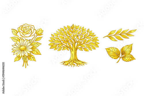 A collection of golden botanical illustrations featuring a floral bouquet, a leafy tree with roots, and individual leaf branches set against a solid black background.
