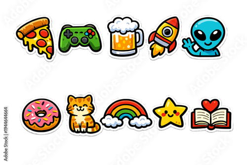 A collection of ten colorful cartoon stickers featuring a pizza slice, game controller, beer mug, rocket, alien, donut, cat, rainbow, star, and a book with a heart on a black background.