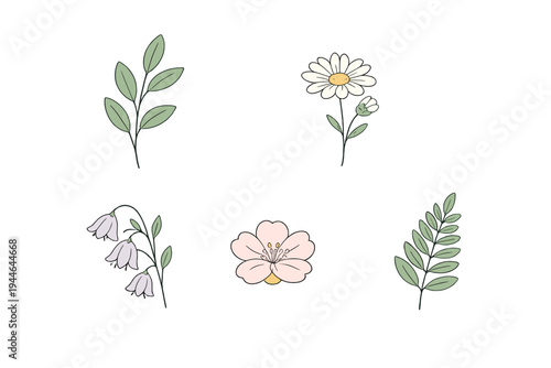 Five simple botanical illustrations of flowers and leaves on a black background. The set includes a white daisy, pink blossom, bellflowers, and green leafy stems in a hand-drawn style.