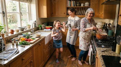 Happy grandmother mother and daughter cooking together in bright kitchen preparing fresh vegetables and stew with natural light