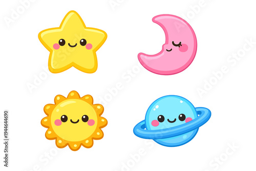 A collection of four cute cartoon celestial bodies including a yellow star, a pink crescent moon, a bright sun, and a blue ringed planet, all featuring smiling faces on a black background.