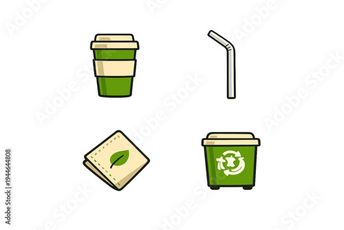 A set of four eco-friendly icons including a green reusable coffee cup, a metal straw, a napkin with a leaf logo, and a recycling bin, all set against a solid black background.