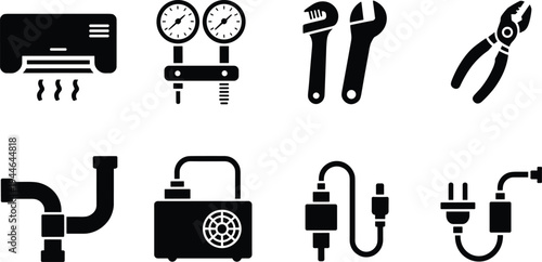 Industrial tools and equipment icons set, air conditioner wrench pliers pipes compressor pressure gauges electrical plug repair symbols