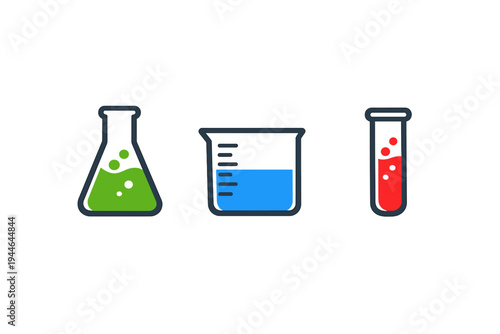 A set of three laboratory glassware icons including an Erlenmeyer flask with green liquid, a beaker with blue liquid, and a test tube with red liquid, all featuring bubbles on a black background.
