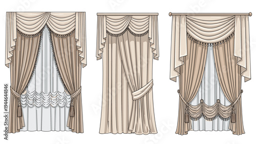 Collection of three elegant window curtain designs in different classical styles featuring decorative valances tassels and luxurious fabrics.