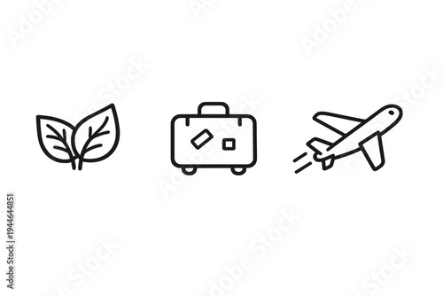 Three black line icons representing nature, travel, and aviation are displayed on a white background. The set includes two leaves, a suitcase with wheels, and a flying airplane.