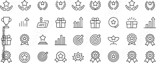 Achievement success recognition icons set, trophy medal star laurel wreath gift certificate chart growth target award celebration excellence accomplishment