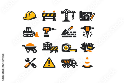 This set of sixteen construction icons includes various tools and machinery such as a crane, bulldozer, hard hat, and tape measure, all designed in a minimalist black and orange style.