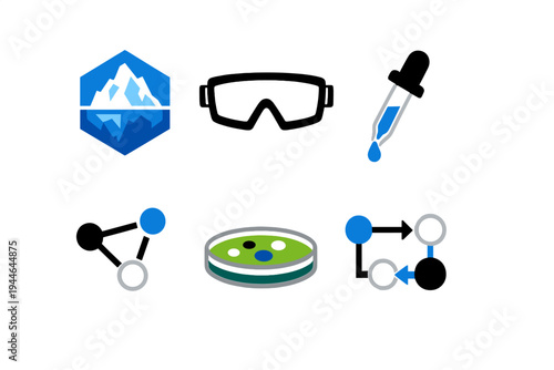 This set of minimalist scientific icons features an iceberg emblem, a laboratory pipette, a petri dish with bacterial cultures, and molecular structures on a black background.