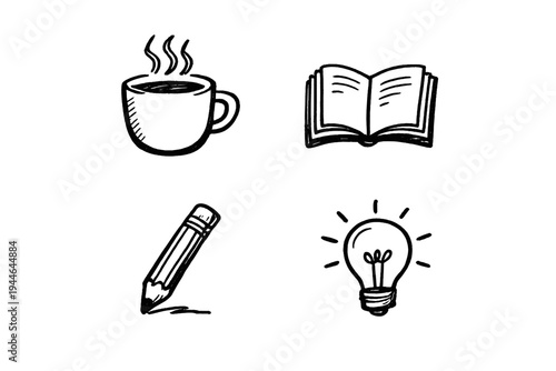 A set of four hand-drawn icons featuring a steaming coffee cup, an open book, a pencil, and a glowing light bulb, all illustrated in white lines on a solid black background.