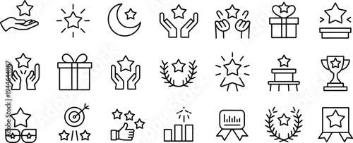 Award recognition achievement icons set, trophy podium laurel wreath star gift box ribbon medal thumbs up target excellence success celebration
