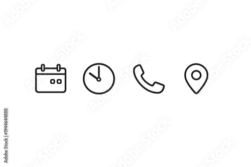 A set of four minimalist white line icons on a black background featuring a calendar, a clock, a telephone handset, and a location pin symbol for contact and scheduling information.