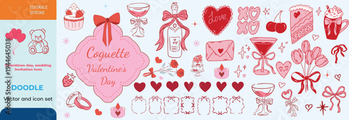 Set of hand drawn coquette elements for Valentines day, wedding invitation, birthday card. Cute girly bows, ribbons, cherry, cake, toy bear, cocktail, rose, strawberry. Vintage vector illustration