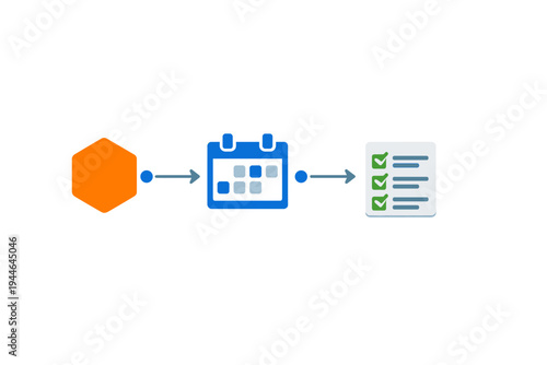 A minimalist graphic featuring an orange hexagon, a blue calendar, and a checklist with green checkmarks, all connected by arrows to illustrate a step-by-step process or workflow.