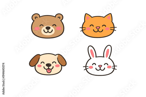 A collection of four cute cartoon animal faces including a bear, cat, dog, and rabbit. Each character features a happy expression with pink cheeks on a solid black background.