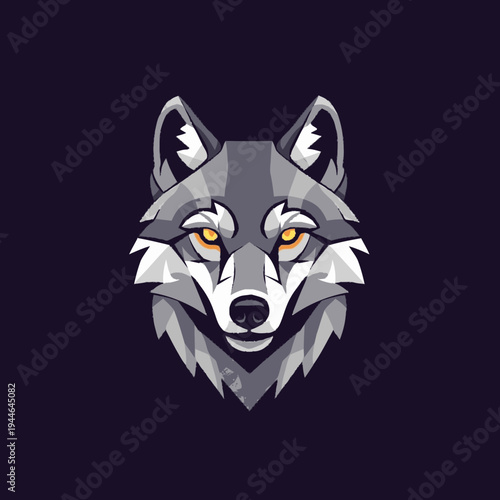 Strong geometric wolf head illustration with piercing yellow eyes, modern stylized vector art for power and wildness concept.